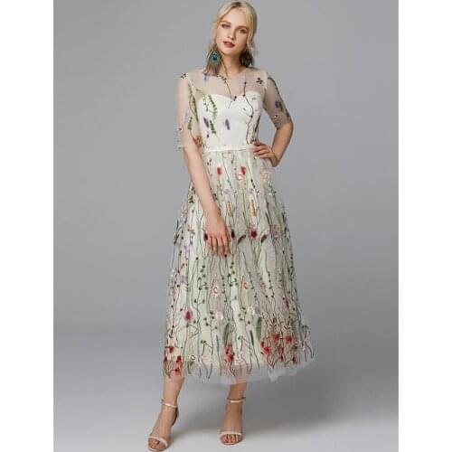 A-Line Illusion Neck Tea Length Lace / Tulle Floral / White Cocktail Party / Holiday Dress with Appliques / Embroidery 2020