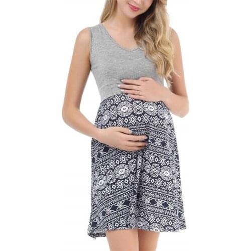 Summer Elegant Womens Maternity Pregnanty dress clothes Nursing Pregnanty V-Neck Sleeveless Splicing Print Dress