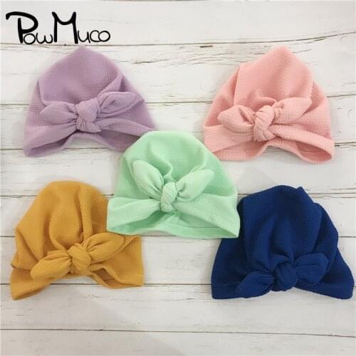 Powmuco 18*16 CM Solid Color Newborn Hats Cute Bunny Ears Baby Girls Caps Handmade Knotted Infant Turban Kids Hair Accessories