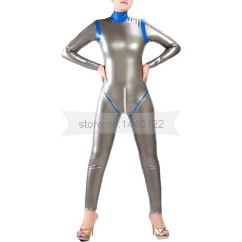 Rubber Latex Women Bodysuit Silver And Blue Trims Tight Catsuit With Back Zipper Cosplay Costumes Custom Size Made BNLC073