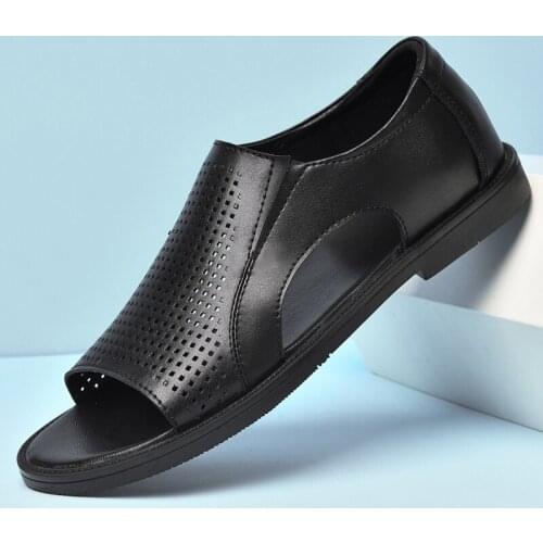 Roman Style Black Flat Sandals for Men Breathable Cow Leather Comfortable Summer Shoes Genuine Leather Mesh Casual Sandalias