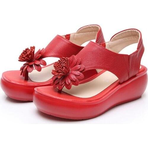 2020 New Summer Leather Sandals Retro Cowhide Flower Open Toe Sandals Women Fashion Sandals Platform Wedge Elegant Women Sandals