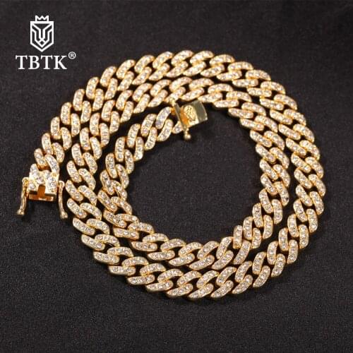 TBTK 9mm Miami Cuban Link Chain Necklace Men Gold Iced Out Rhinestones Hiphop Fashion Punk Necklace Charms Jewelry