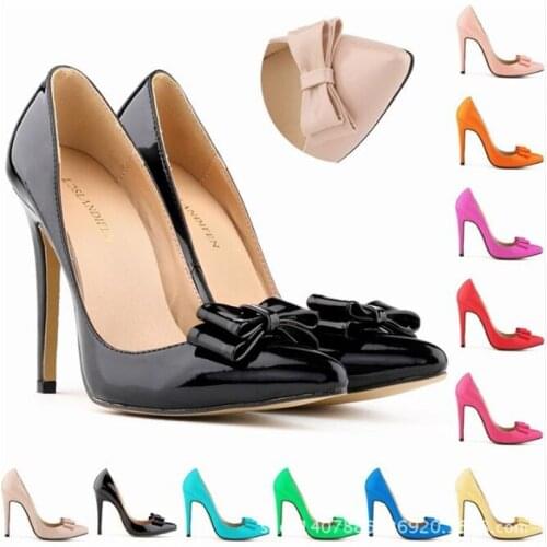 Thin High heels Classic Wedding Party Women Pumps Office & Career Pointed Toe Patent Leather 11CM Slip On Butterfly-knot black