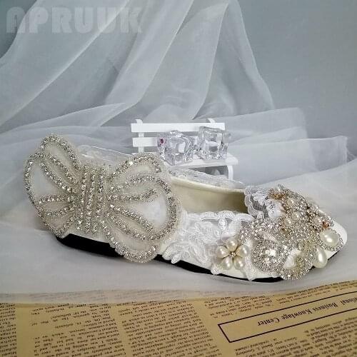 LUXURY silver crystal rhinestones pearls wedding party flats shoes plus size handmade elegant bridal ladies proms dress shoes