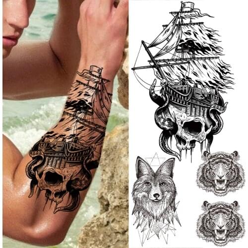 Pirate Ship Death Skull Temporary Tattoos For Men Women Geometric Wolf Tiger Fake Tattoo Sticker Water Transfer Tatoo Decal