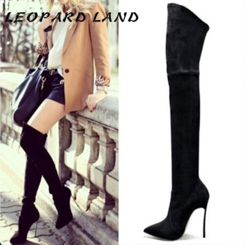 LEOPARD LAND 2020 Women Sexy Fashion Knee High Boots Women 11cm Heel Thin Legs Sexy Thigh Tips Point Toe Party Boots Wbl-226