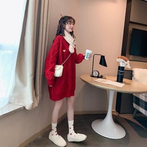 2021 New Women Red Pullover Sweaters Spring Fashion Heart Print Round Neck Long Sleeve Simple Warm Mid-Length Knit Jumper Female