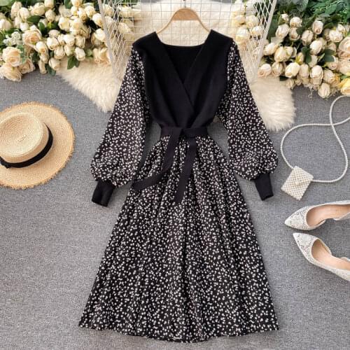 Autumn Vintage Knitted Patchwork Long Dress Women Elegant V-Neck Lantern Long Sleeve Vestidos Female High Waist Robe 2021 New