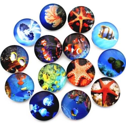 10pcs/lot Beautiful Marine Organism Fish Starfish Print Glass Snap Buttons Fit 18mm Replaceable Snap Bracelet Necklace Jewelry