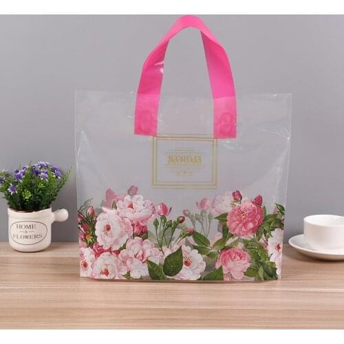 New Hot-selling Small Flower Printed Bags With Handle 10pcs Transparent Plastic Handle Bags 30x25x6cm Clothes Gift Packaging