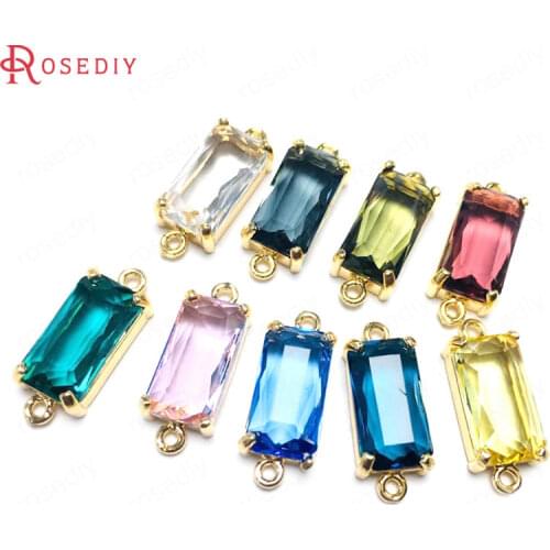 38251)6PCS 8x16MM 24K Champagne Gold Color Brass and Glass 2 Holes Rectangle Connect Charms Pendants Diy Jewelry Accessories