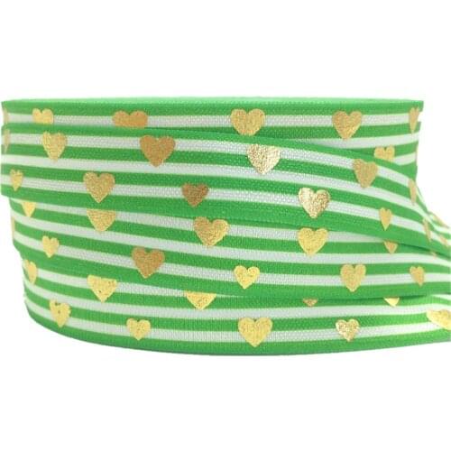 5Yards 16mm Green Stripe Heart Gold Foil Fold over elastic FOE Hair ties Elastic Ribbon Hairbands