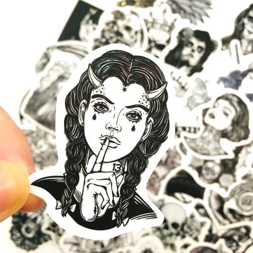 50pcs Black and White Gothic Girl Skull Witch Graffiti Stickers Laptop Luggage Guitar Skateboard Car Horror Decal Halloween
