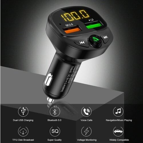 QC3.0 Fast Charge Car FM Transmitter Hands-free Bluetooth 5.0 Car Kit FM Modulator V5.0 Car Charger Adapter Double USB