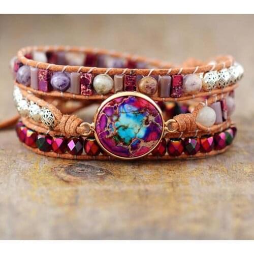 Boho Purple Leather Wrap Bracelets W/ Nautural Stone Tibetan Beads Wristband Bracelet Teengirl Women Jewelry