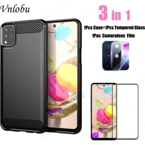 For LG K42 K52 K22 K61 K92 Case Soft Carbon Fiber Brushed Back Cover For K51S K50S K41S Tempered Glass Lens Protective Film Capa