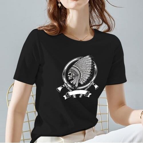 Womens T-shirt High Quality Skull Pattern Series Basis All-match Black O-neck Ladies Short Sleeve Soft Tops Tee Drop Shipping