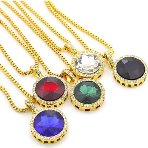 Hip Hop Round Cut Yellow Gold Filled Blue Pendant With Box Chain