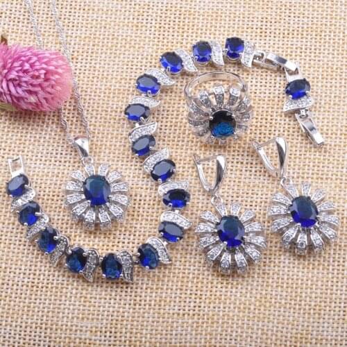 Amazing Blue Crystal White CZ Silver Color Jewelry Sets For Women Wedding Earrings Pendant Rings Bracelet Set YZ089