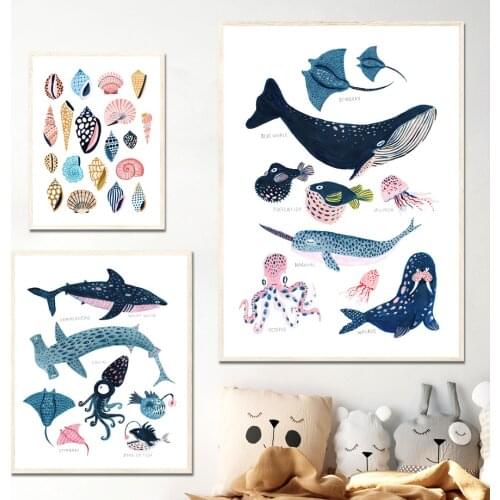 Whale Shell Shark Starfish Octopus Wall Art Canvas Painting Nordic Posters And Prints Wall Pictures Kids Room Marine Style Decor
