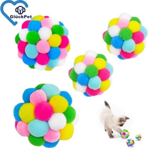 Bell Toys Ball (4 Pack) Colorful Plush Balls Built-in Bell for Cats, Interactive Chasing Chewing Toys Soft Pompom Elastic Ball