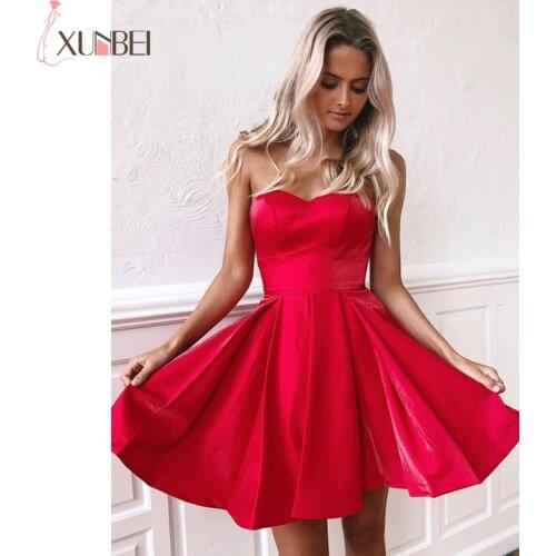 Short Mini Bridesmaid Dresses A-Line Strapless Lace Up Sexy Red Formal Dress For Wedding Party Pleat vestidos fiesta boda
