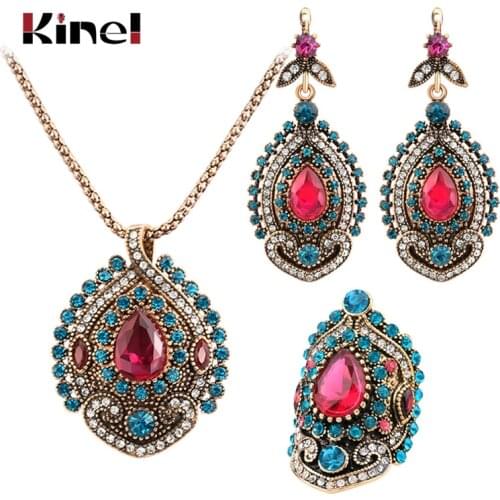 Kinel 3Pcs Vintage Jewelry Sets For Women Antique Gold Pink Crystal Wedding Party Earrings Necklace Ring Female Turkish Jewelry