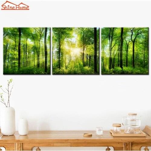 ShineHome-3pcs Wall Picture Painting Modular Canvas Printed Sunshine Green Forest Tree Natural Landscape Artwork Painting Prints