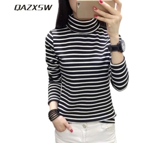 QAZXSW 2018 New Women Spring Pullover Plus Size Turtleneck Tops Teenager Girls Striped Pullover Long Sleeve Women Clothing HB561