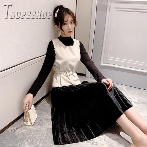 2019 Autumn Winter Korean Women Sets Vests And Pleated Dress Female Sets
