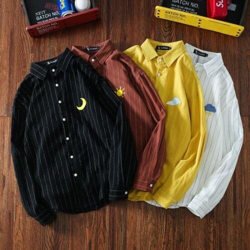EBAIHUI Striped Mens Shirt Long Sleeve Harajuku Japanese Fashion Casual Women Shirts Blouse Autumn Moon Cloud Embroidery Shirt