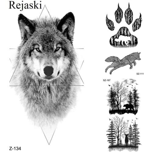 Rejaski Geometric Line Wolf Tattoo Stickers Women Body Art Drawing Temporary Tattoo Men Fierce Arm Fake Tatoo Jungle Small Paste