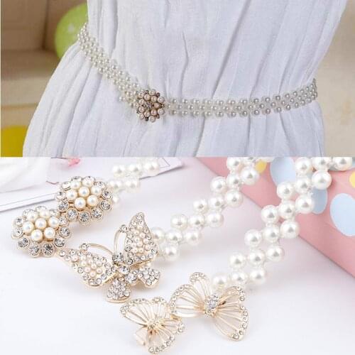 Elegant Women Pearl Belt Waist Belt Elastic Buckle Pearl Chain Belt Female Girls Dress Crystal Strap