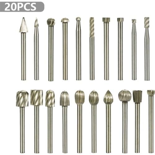 Rotary Router Milling Cutter 20pcs 3mm Shank HSS Routing Router Bits Burr Rotary Wood Carving Tool Kit Woodworking Tools