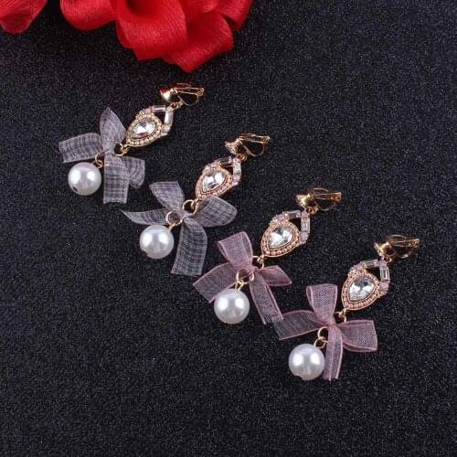 New Arrival Rhinestone Crytsal Heart Bowknot pearl Clip on Earrings Without Piercing for Women Party Wedding Cute Ear Clip