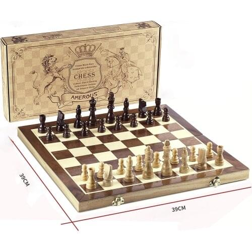 Chess Set 39x39 CM Folding Magnetic Wooden Standard Chess Game Board Set with Wooden Crafted Pieces and Chessmen Storage Slots