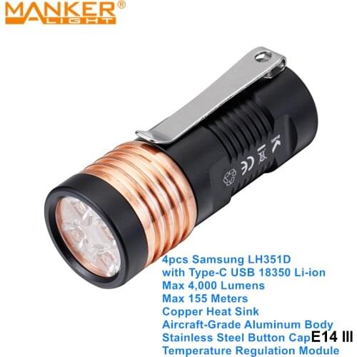 Manker E14 III 4000 Lumens Samsung LED EDC Camping Flashlights High Power Pocket Torch Light with Rechargeable USB 18350 Battery