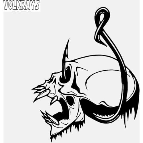 Volkrays Personality Car Sticker Skull Fish Hook Fishing Bone Boat Accessories Reflective Vinyl Decal Black/Silver,15cm*11cm