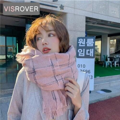 VISROVER Bright Checked Winter Scarf For Women Fashion Female Shawl Cashmere Handfeeling Winter Wraps Warm Winter Hijab Gift