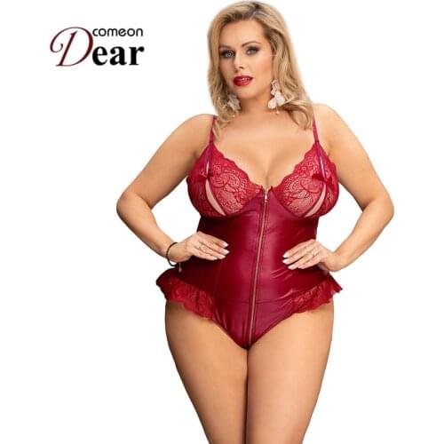Comeondear Lingerie Sexy Women Teddies Erotic Jumpsuits Lace Leather Stitching Plus Size Bodysuit Deep V Neck Rompers RA80939