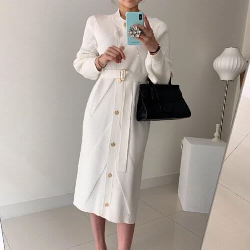 Winter Dress Women Elegant O-neck Single-breasted Sweater Long Dress OL Style Solid Long Sleeve Belted Knitted Dresses Vestidos