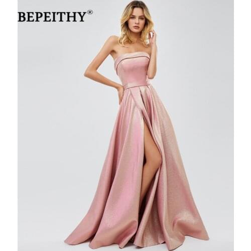 BEPEITHY Glitter Long Evening Dress 2020 For Women Sexy Strapless Shinning Prom Party Dresses High Slit Hot Sale