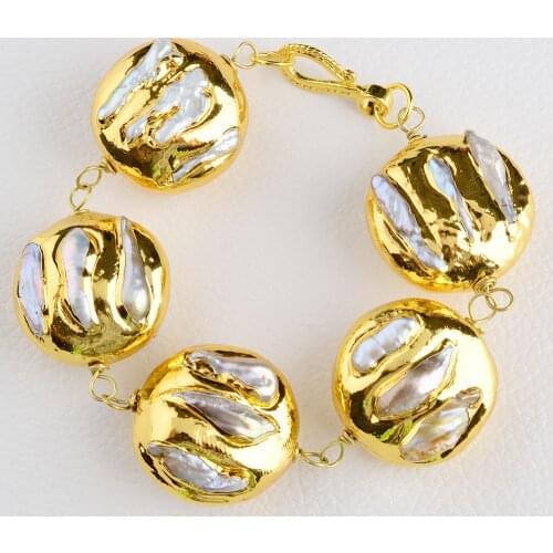 8.5" White Keshi Pearl Yellow Gold Plated Bracelet