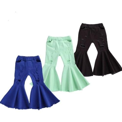 Kids Baby Girl Flare Pants Solid Color Ruffle Holes Ripped Long Pants Denim Bell-bottomed Trousers Children Clothing 2-7Y