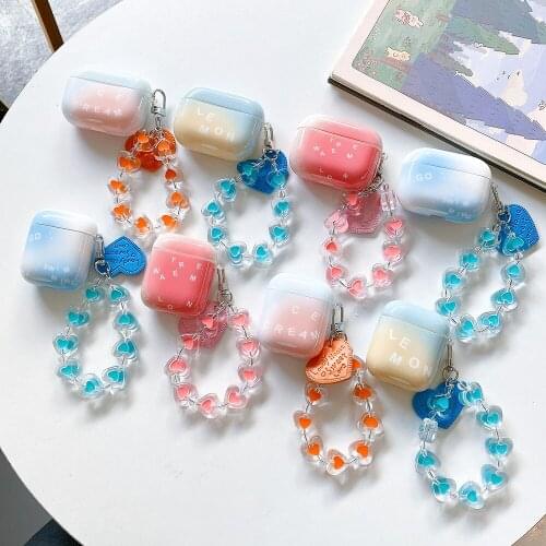 Gradient Color Contrast Headset Case with Heart Chain Keyring For Apple AirPods 2 Pro Cute Cover Earphone Case For Airpods 1 3