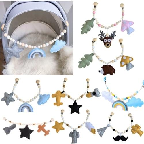 Wooden Beads Baby Stroller Clip Cartoon Felt Star Cloud Newborn Pram Clips Pacifier Chain Wooden Teether Mobile Rattle Toys