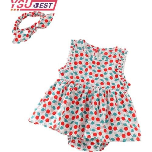 2020 Summer Baby Girls Clothes Brand New Rompers Clothing Fashion Cute Cherry Prints Kids Clothing + Hairband Toddler Girl Dress