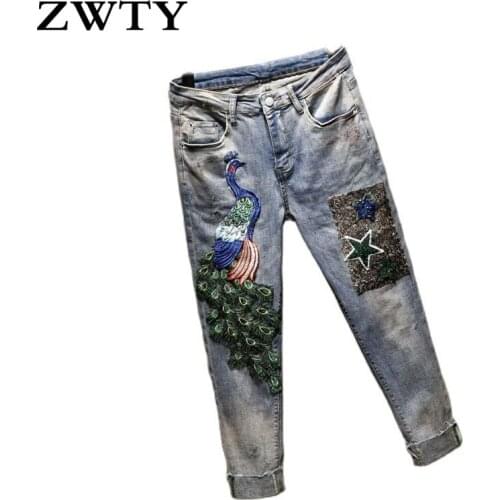 ZWTY Peacock Embroidery Jeans Women Elasticity High Waist Pencil Jeans For Girls Light Blue Ankle-length Denim Pants