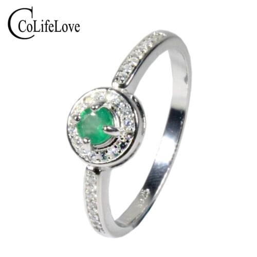 CoLife Jewelry Fashion Silver Emerald Ring 3mm Natural Emerald Silver Ring Birthday Gift for Young Girl